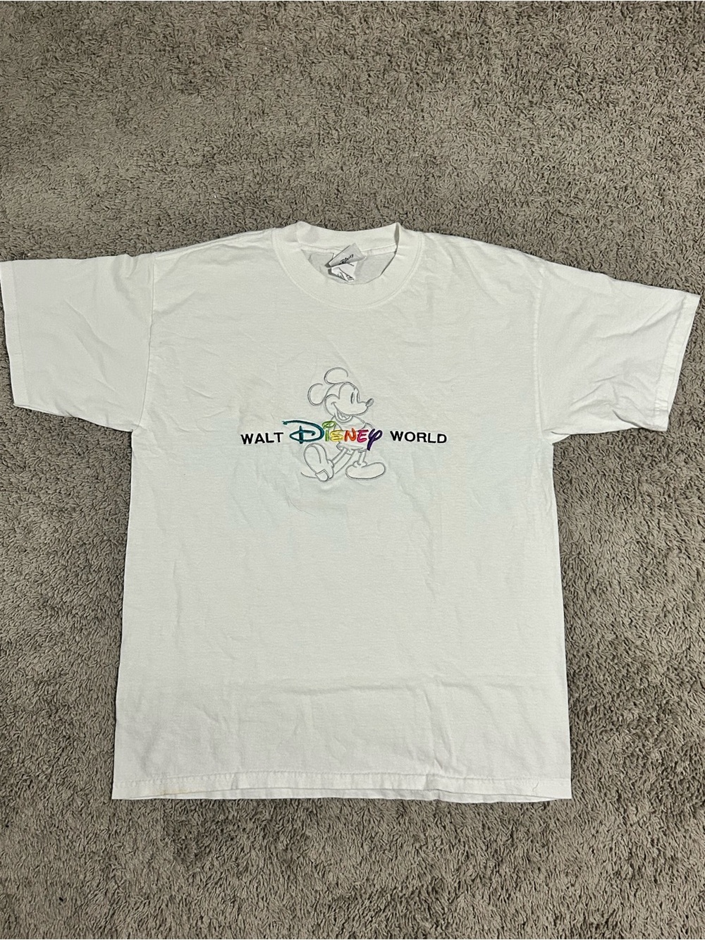Disney White Tee with Classic Mickey Tag and Colorful Logo